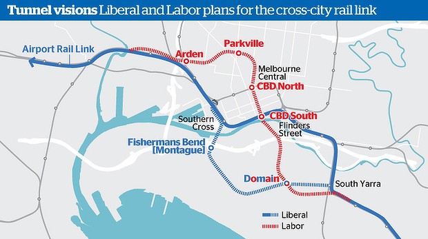 Map of proposed routes of cross-city rail tunnel